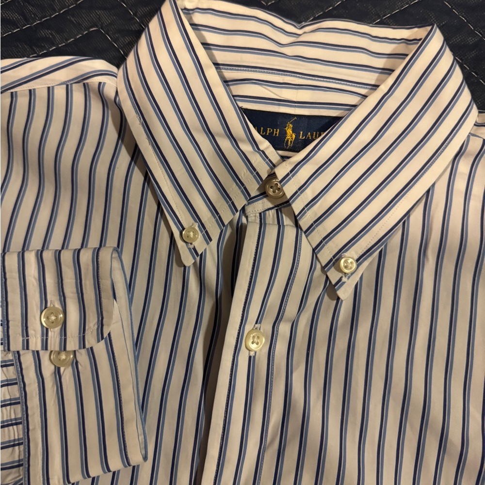 Ralph Lauren Men's White and Blue Striped Dress Shirt